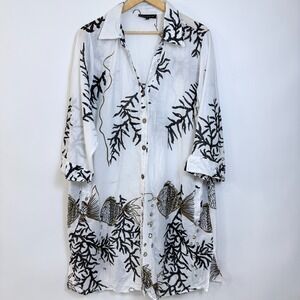 Club Z Long Tunic Swim Coverup 1X Fish Coral Sequins Gauzy‎ Lightweight Artsy